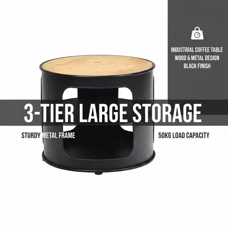 Table basse en bois et noir ronde 3 niveaux métal 50 kg