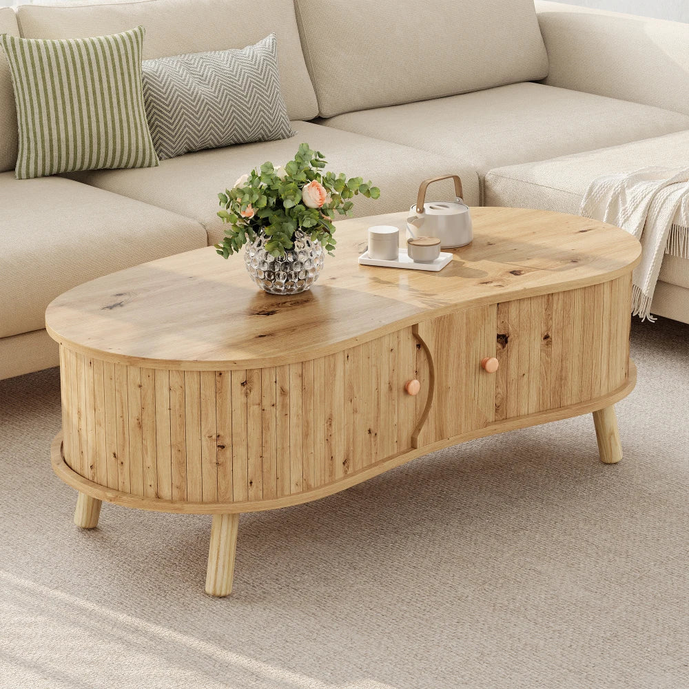 Table basse en bois massif forme de pois avec portes coulissantes 108 x 50 x 37 cm nature