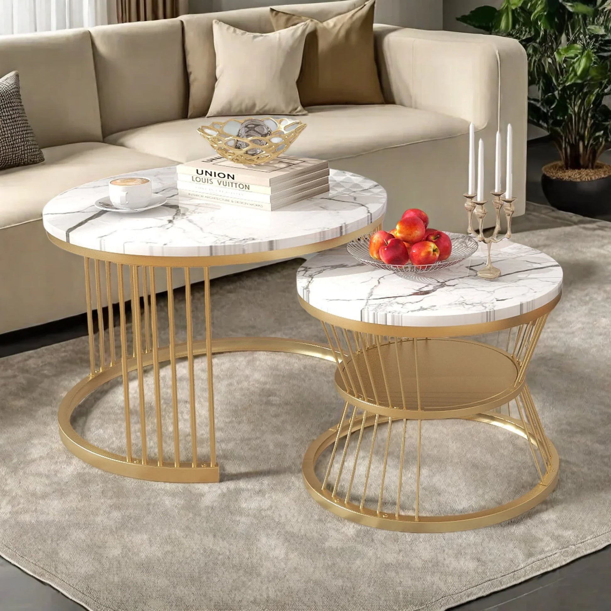 Table basse ronde en bois MDF avec verre trempé double étagère