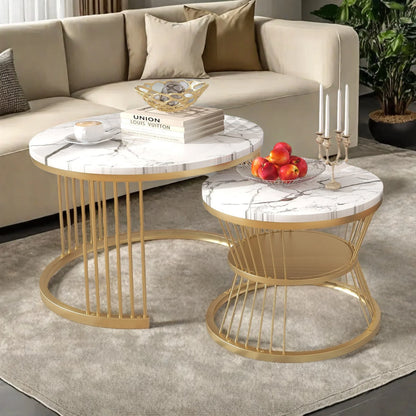 Table basse ronde en bois MDF avec verre trempé double étagère