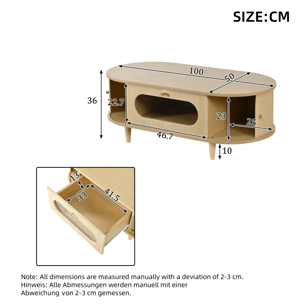 Table basse bois clair avec tiroir et porte coulissante 100x50x36 cm
