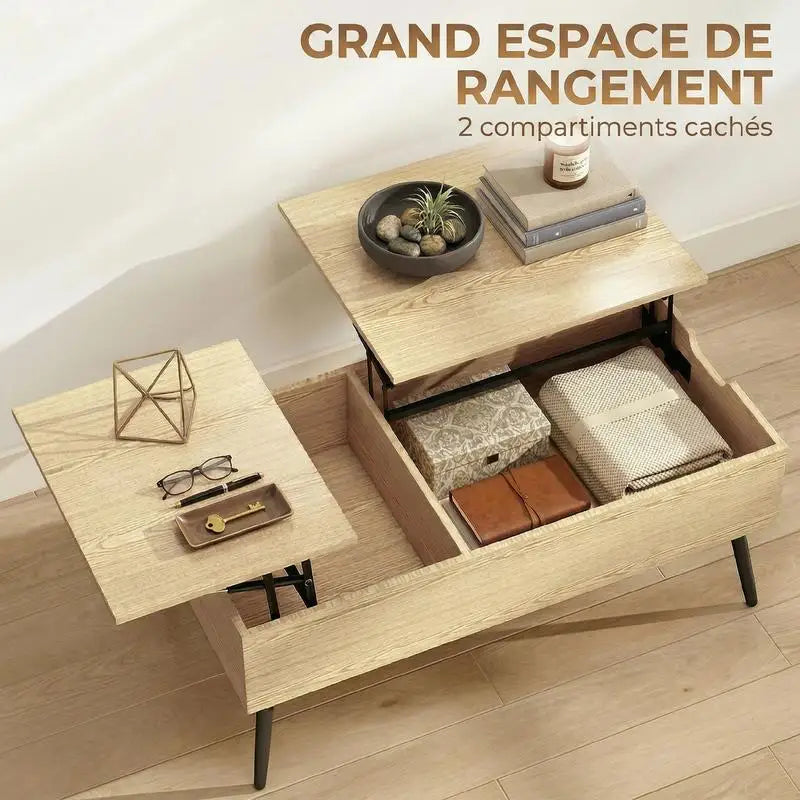 Table basse bois clair avec plateau relevable et rangement caché 70x70x29 cm