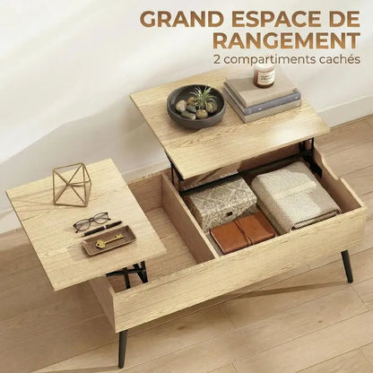 Table basse bois clair avec plateau relevable et rangement caché 70x70x29 cm