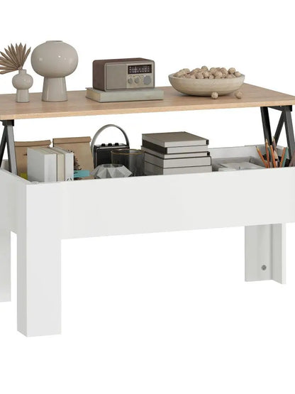 Table basse blanche et en bois réglable en hauteur avec compartiment caché 100x50x45-58.5 cm