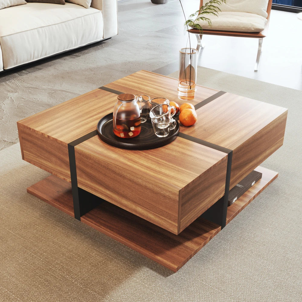 Table basse bois clair 78x78x36 cm avec 4 tiroirs et rangement double niveau
