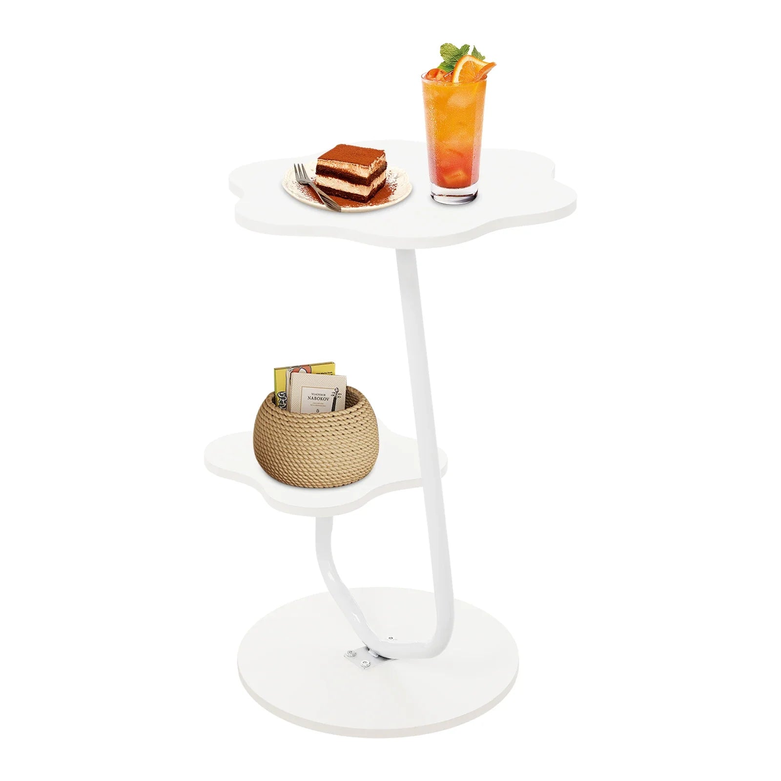 Table basse blanche et en bois 2 niveaux en forme de fleur 40x30x61.5 cm