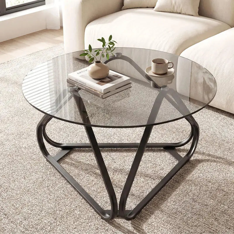 Table basse ronde en bois avec plateau verre trempé piètement métal noir 80 cm