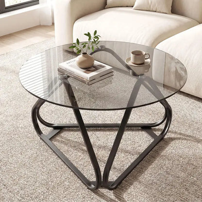 Table basse ronde en bois avec plateau verre trempé piètement métal noir 80 cm