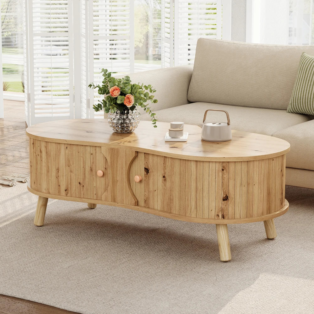Table basse en bois massif forme de pois avec portes coulissantes 108 x 50 x 37 cm nature