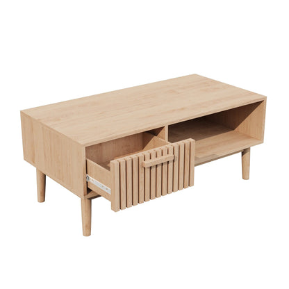 Table basse bois clair avec tiroir et compartiment ouvert