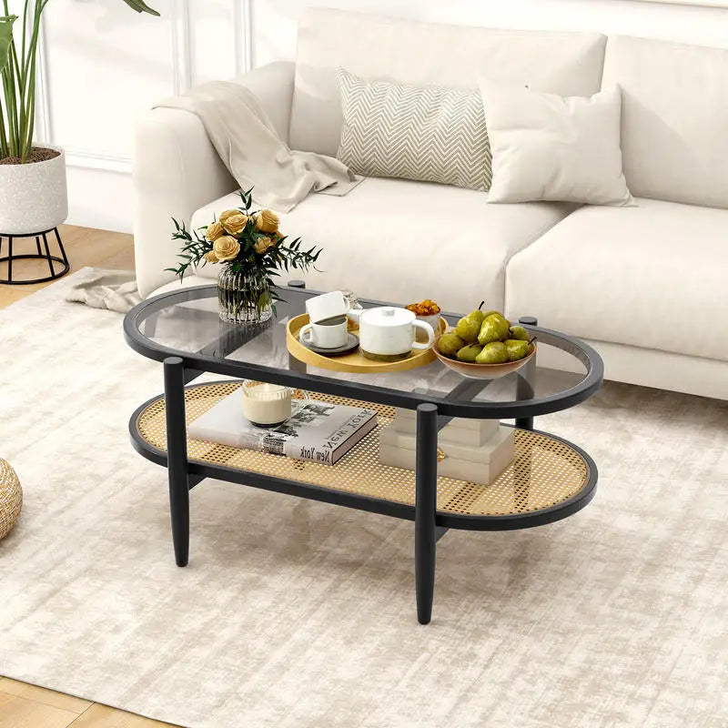 Table basse en bois et noir 2 niveaux avec plateau en verre trempé et cadre en acacia