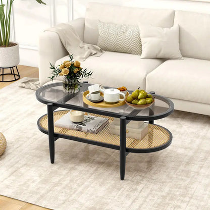Table basse en bois et noir 2 niveaux avec plateau en verre trempé et cadre en acacia