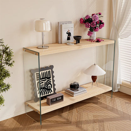 Table basse bois clair 120x60x45 cm avec plateau en verre trempé