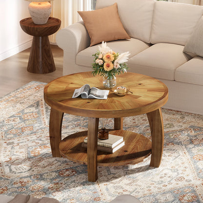 Table basse en bois massif ronde 2 niveaux 80 cm marron