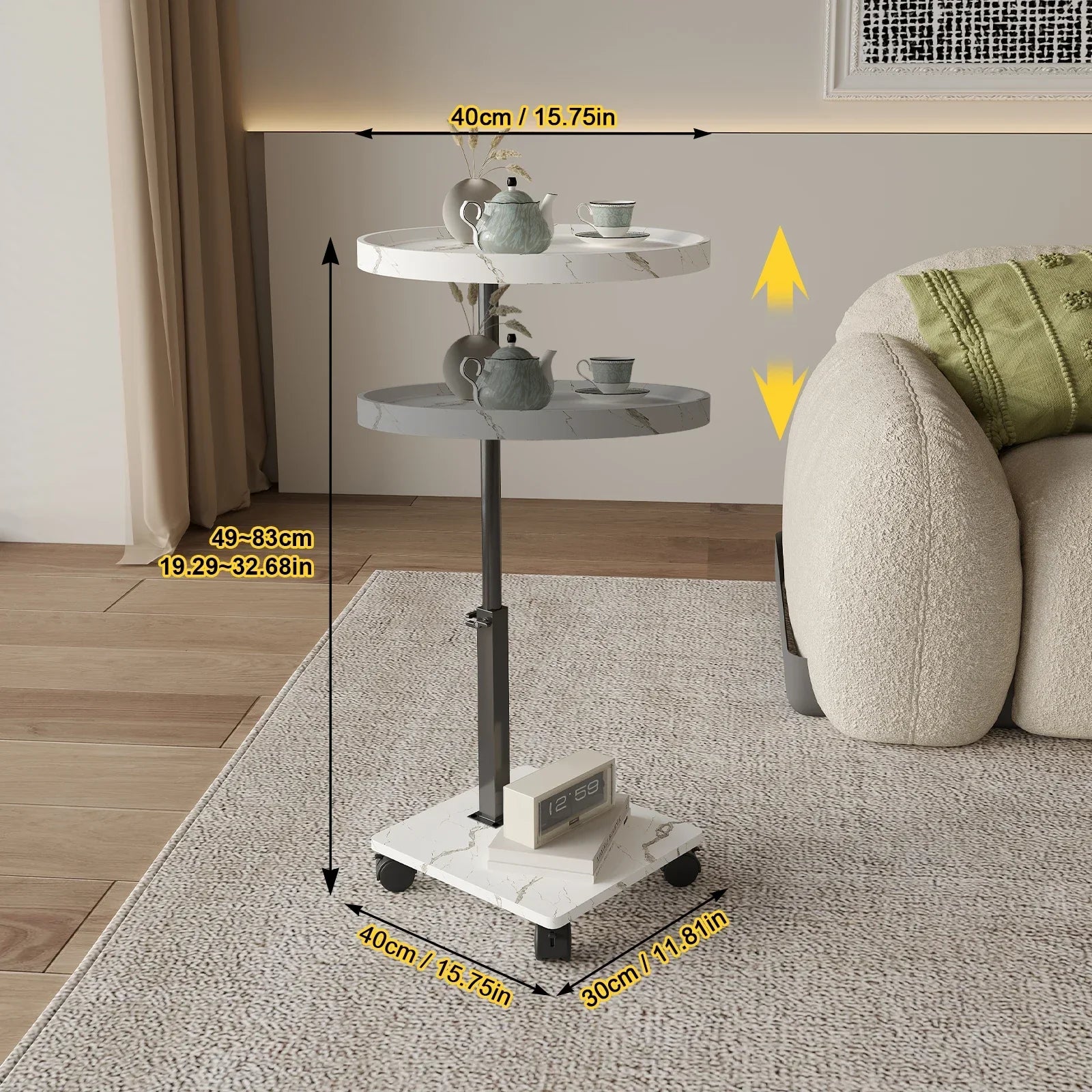 Table basse ronde en bois 2 niveaux avec roulettes réglable en hauteur