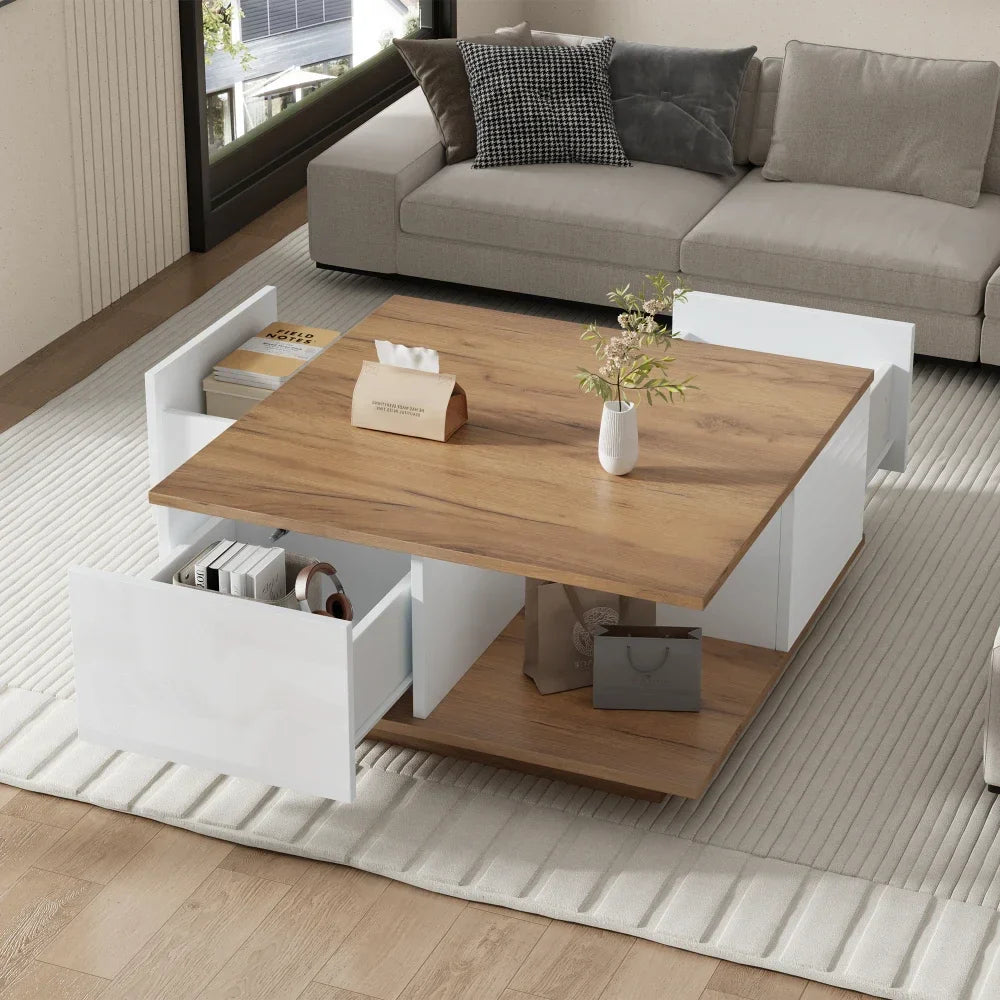 Table basse bois clair 70x70x31.5 cm avec 3 tiroirs et rangement semi-ouvert