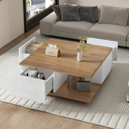 Table basse bois clair 70x70x31.5 cm avec 3 tiroirs et rangement semi-ouvert