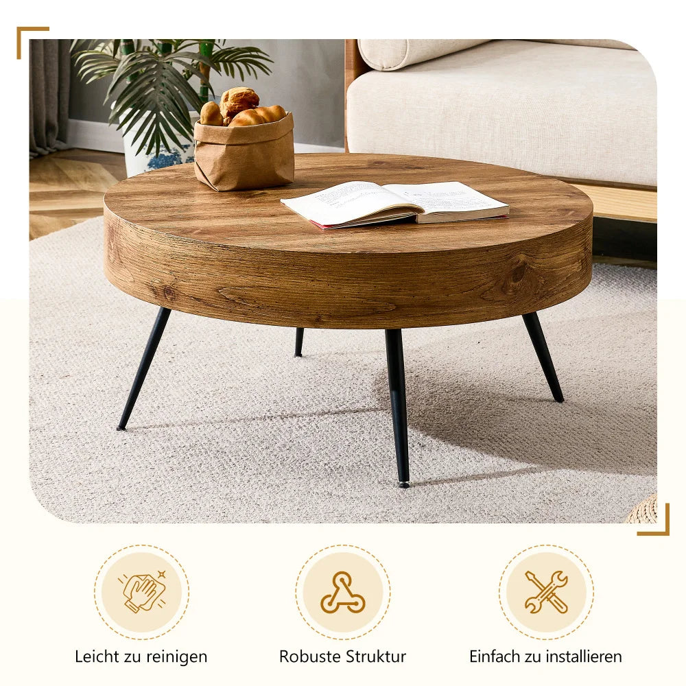 Table basse bois clair rond 70 cm pieds métal noir