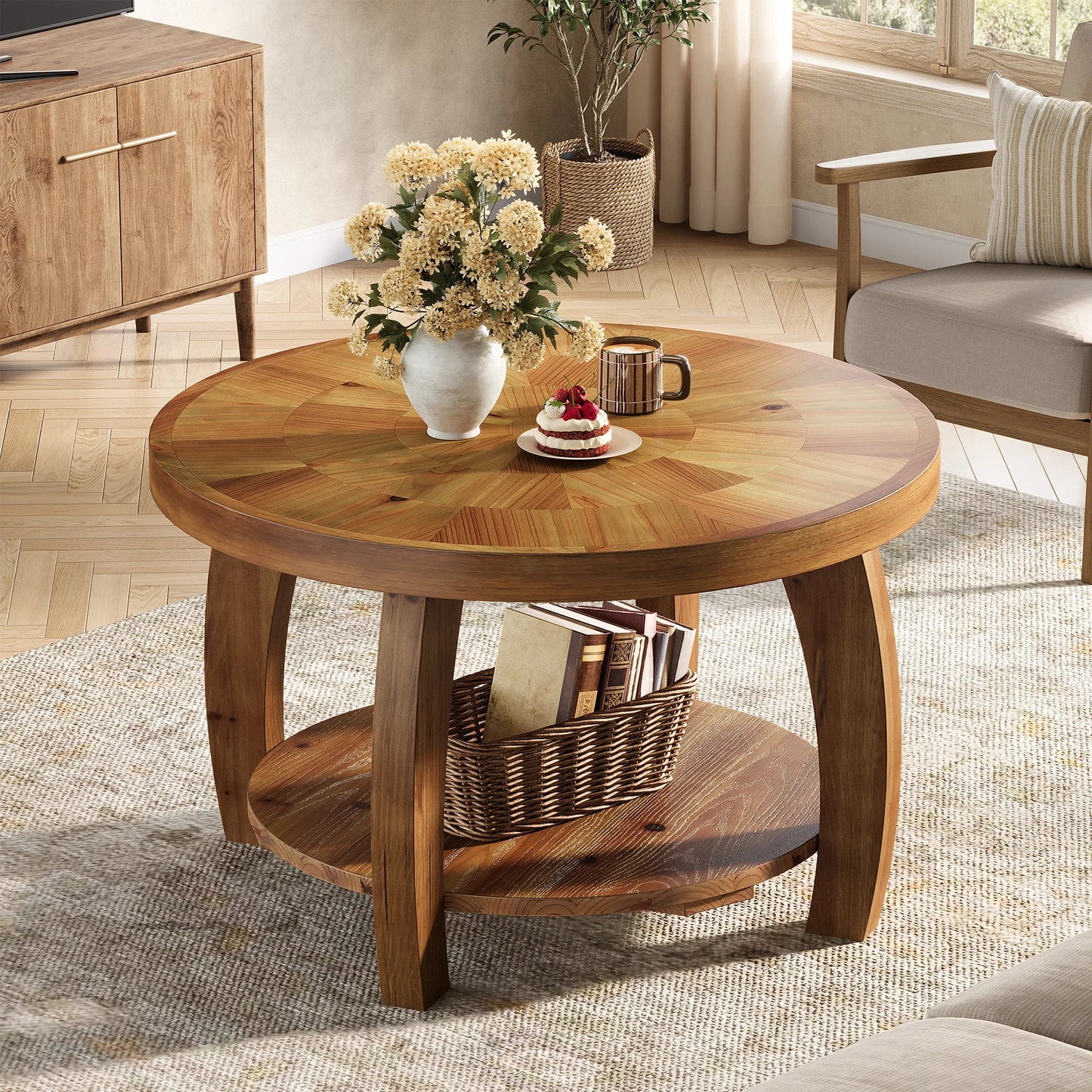 Table basse en bois massif ronde 2 niveaux avec rangement étagère