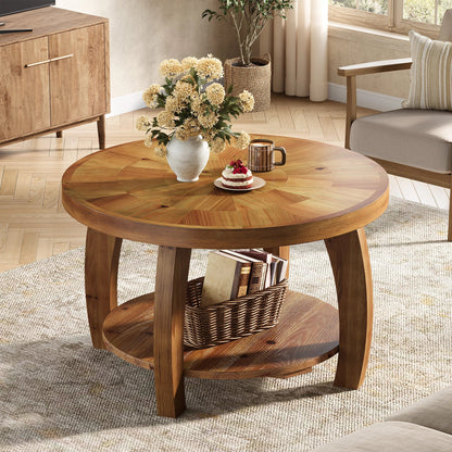 Table basse en bois massif ronde 2 niveaux avec rangement étagère