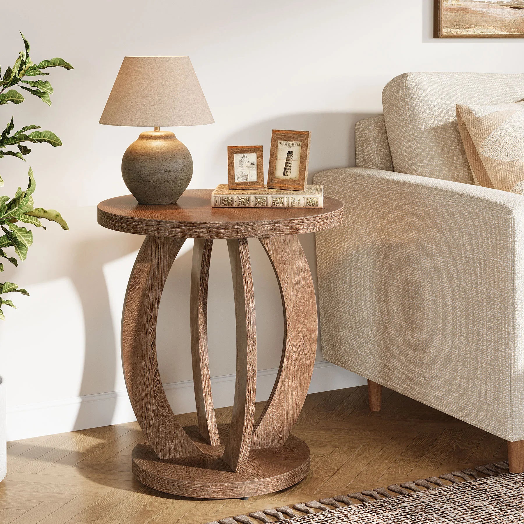 Table basse ronde en bois 2 niveaux avec rangement 60 cm