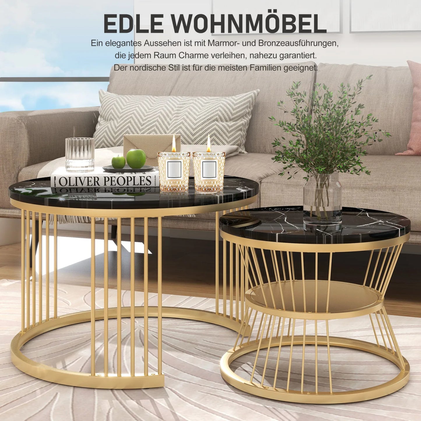 Table basse ronde en bois MDF avec verre trempé double étagère