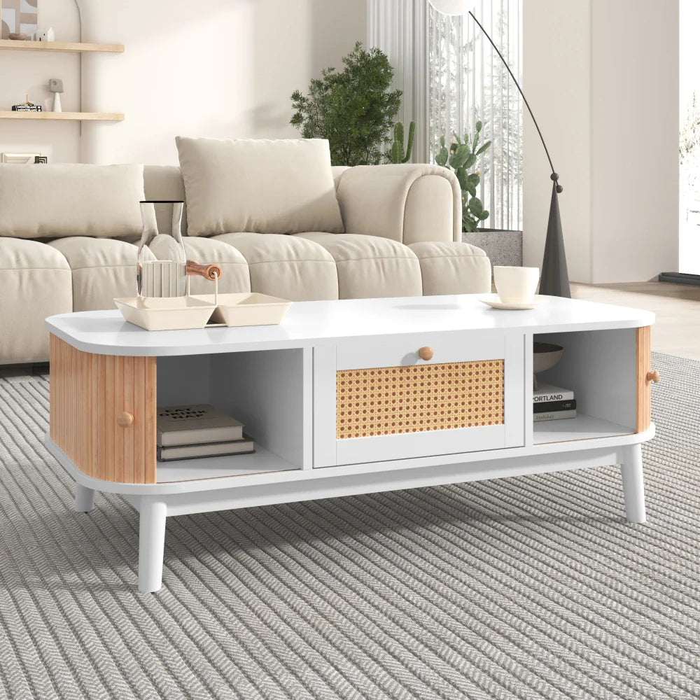 Table basse blanche et en bois avec tiroir en rotin et portes coulissantes 110 x 55 x 38,5 cm MDF