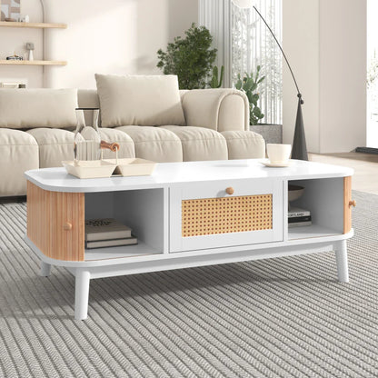 Table basse blanche et en bois avec tiroir en rotin et portes coulissantes 110 x 55 x 38,5 cm MDF