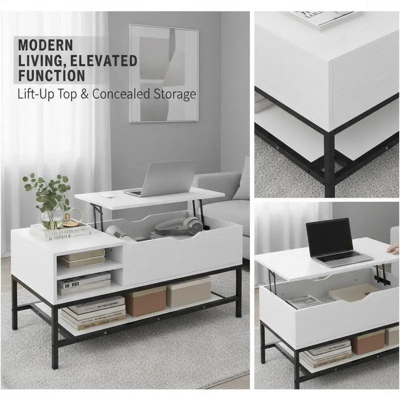 Table basse blanche et en bois avec plateau levant et compartiment caché