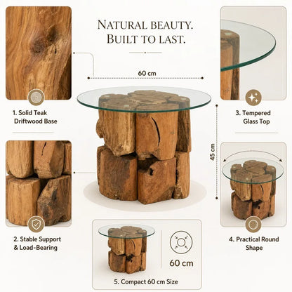 Table basse en bois massif teck 60 cm verre trempé brune