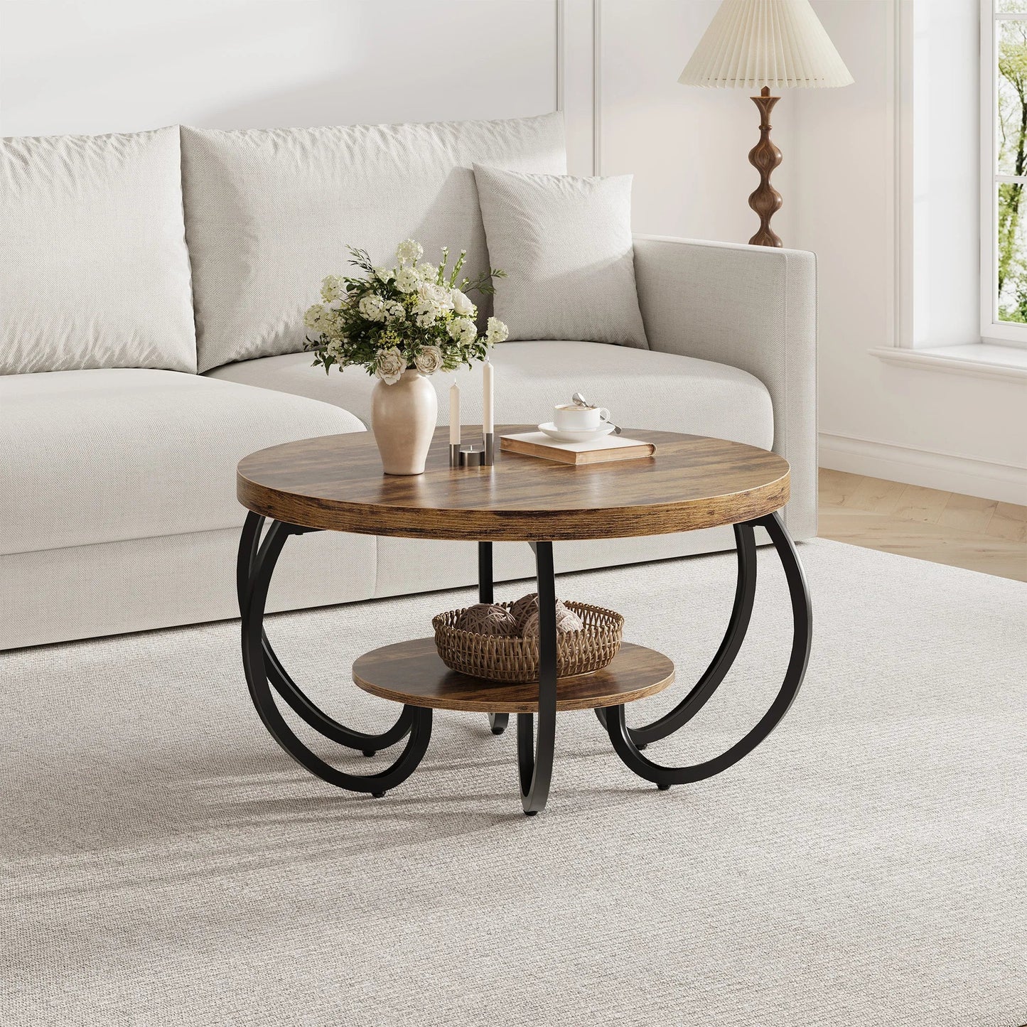 Table basse ronde en bois 2 niveaux avec rangement 80 cm