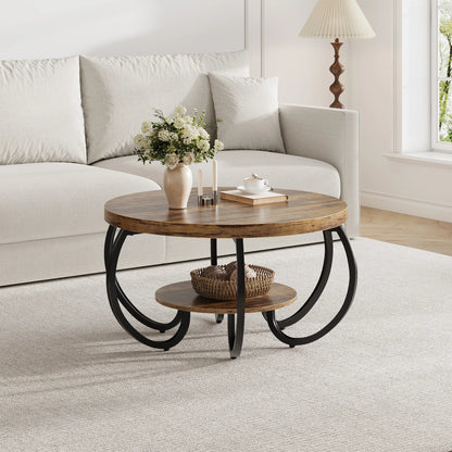 Table basse ronde en bois 2 niveaux avec rangement 80 cm