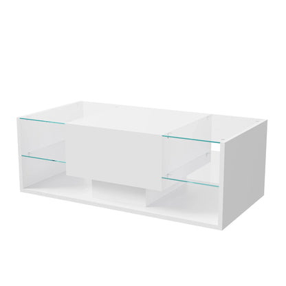 Table basse blanche et en bois avec éclairage LED et rangement