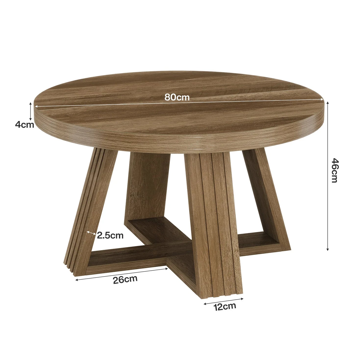 Table basse ronde en bois 80 cm avec plateau massif et piétement croisé