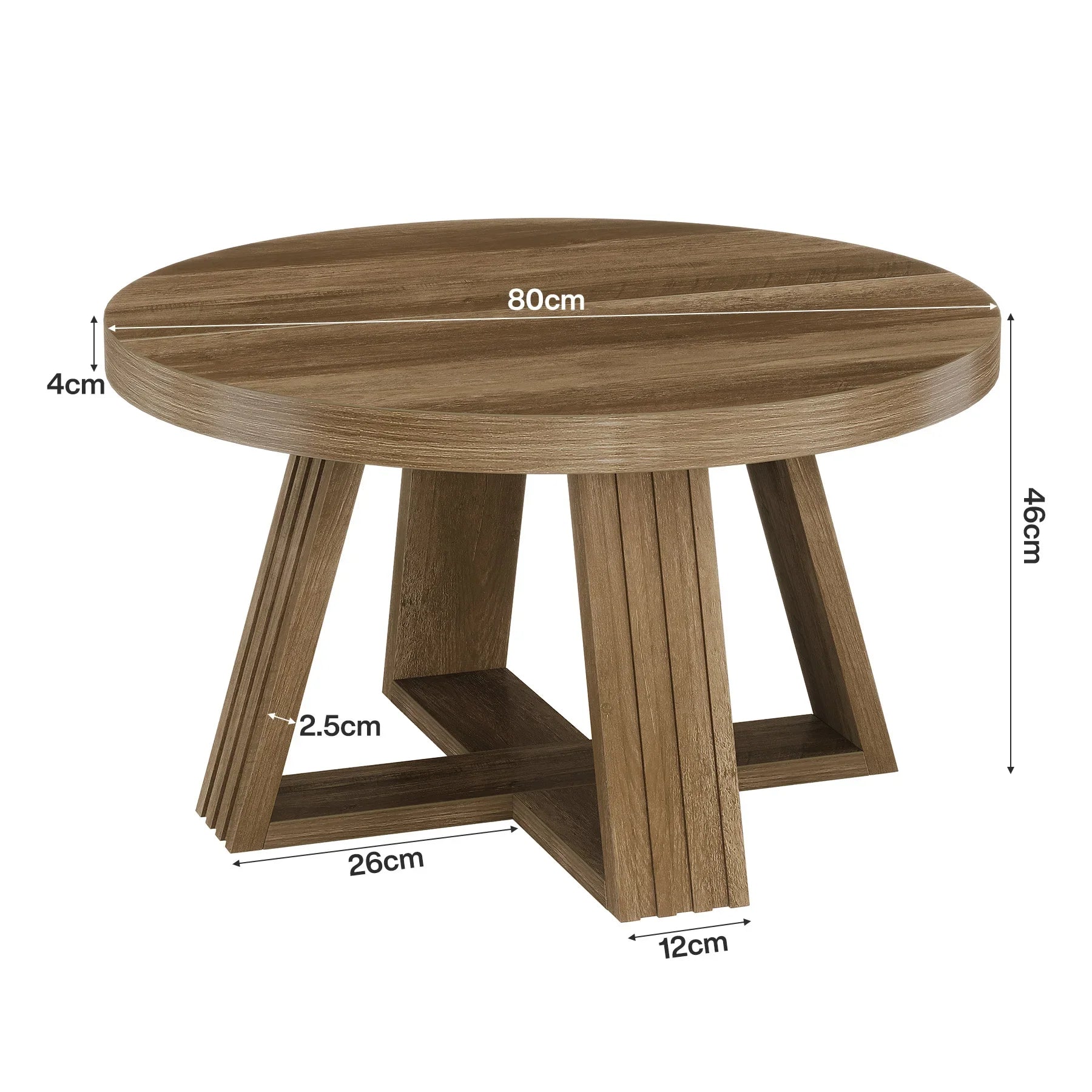 Table basse ronde en bois 80 cm avec plateau massif et piétement croisé