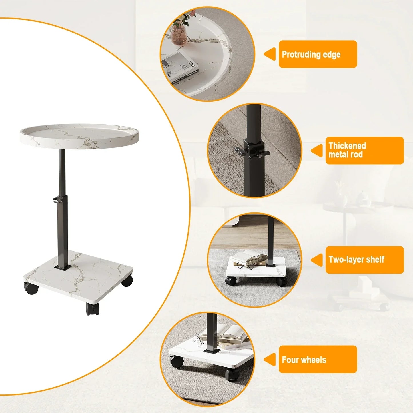 Table basse ronde en bois 2 niveaux avec roulettes réglable en hauteur