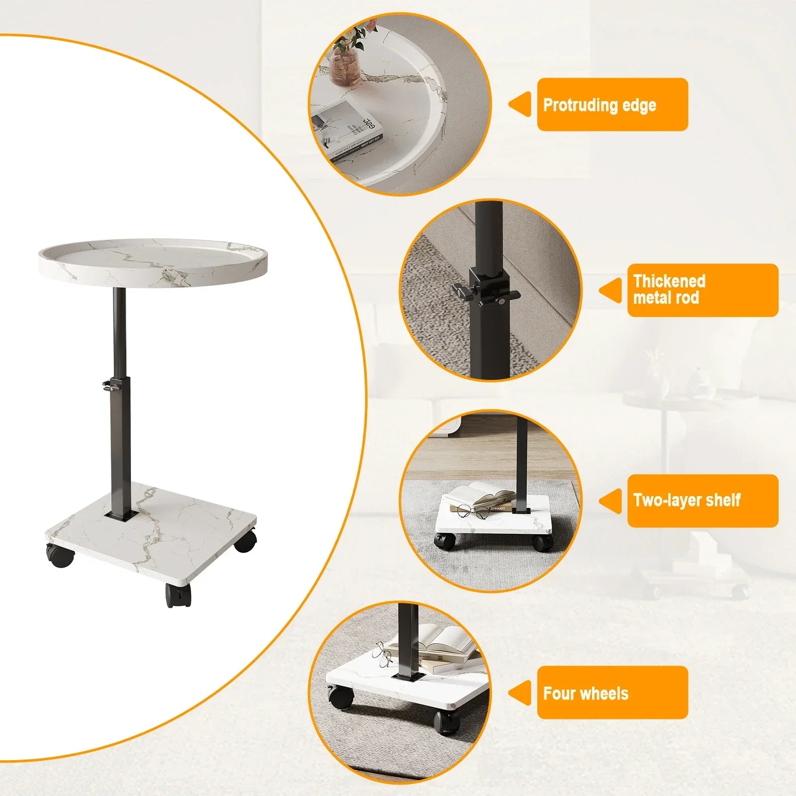 Table basse ronde en bois 2 niveaux avec roulettes réglable en hauteur