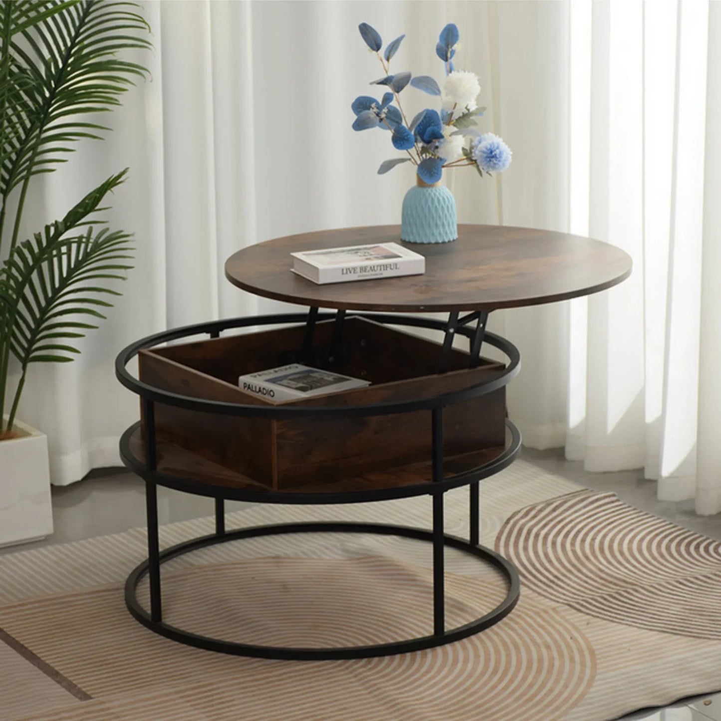 Table basse ronde en bois avec plateau relevable et rangement 80x80x47 cm