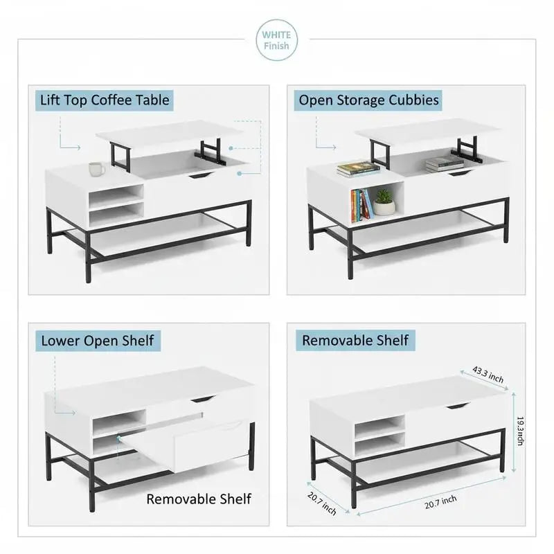 Table basse blanche et en bois avec plateau relevable et rangement caché