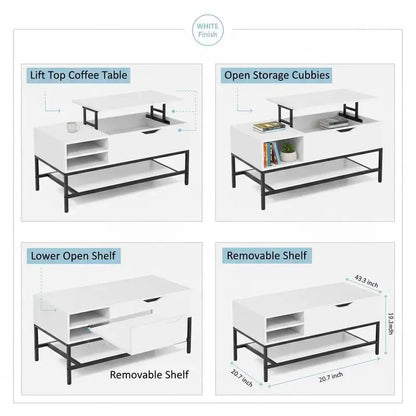 Table basse blanche et en bois avec plateau relevable et rangement caché
