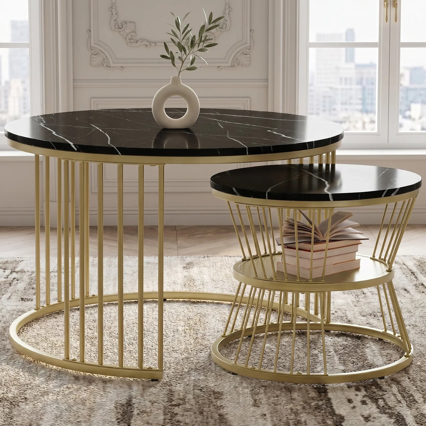 Table basse en bois et noir ronde avec plateau marbré effet brillant 70 x 70 x 45 cm