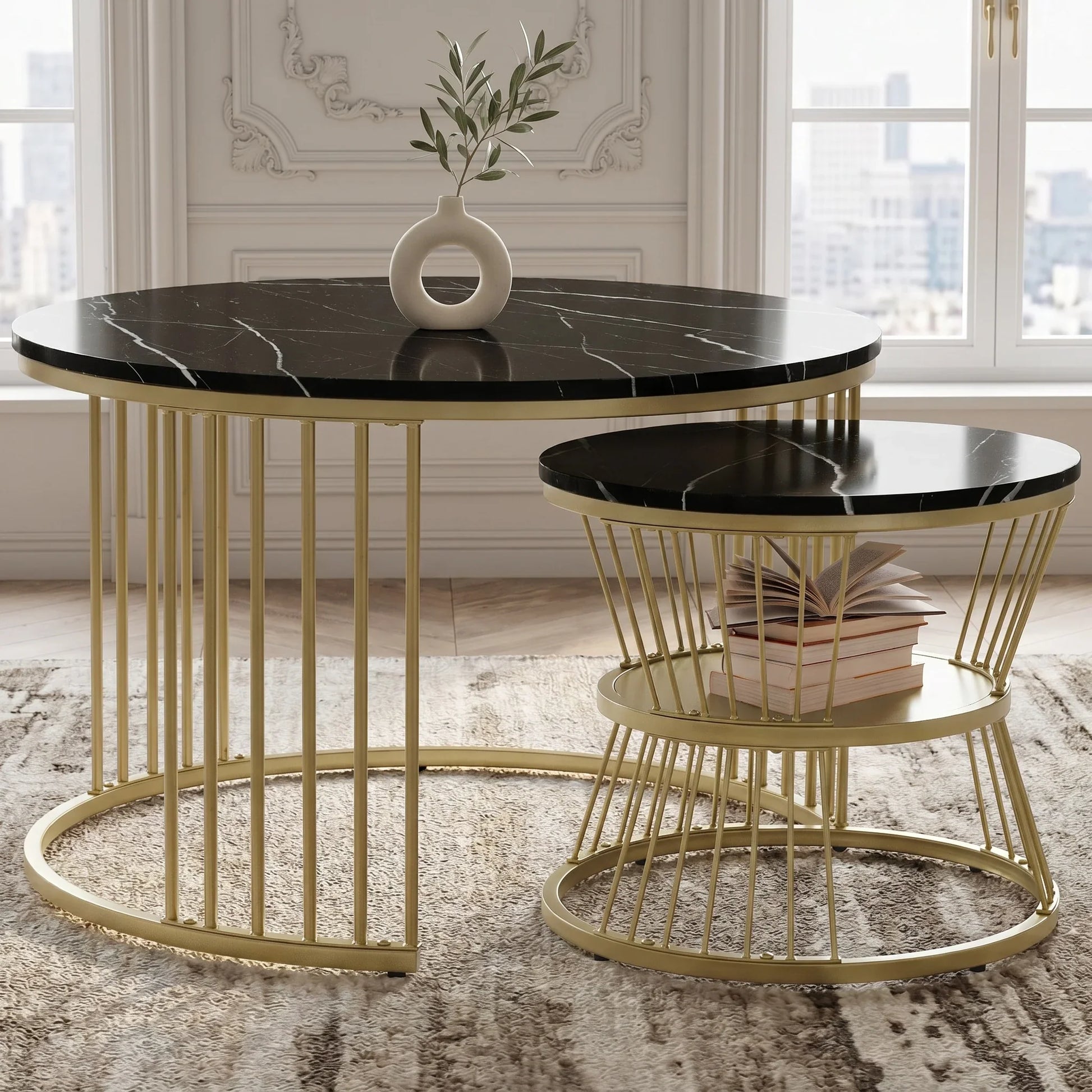 Table basse en bois et noir ronde avec plateau marbré effet brillant 70 x 70 x 45 cm
