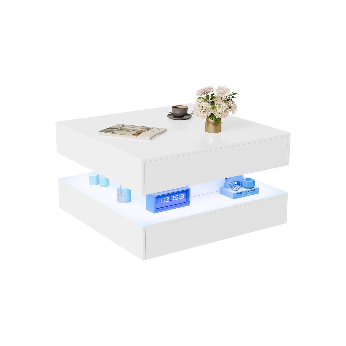 Table basse blanche et en bois multifonctionnelle avec LED RGB et tiroirs à ouverture tactile