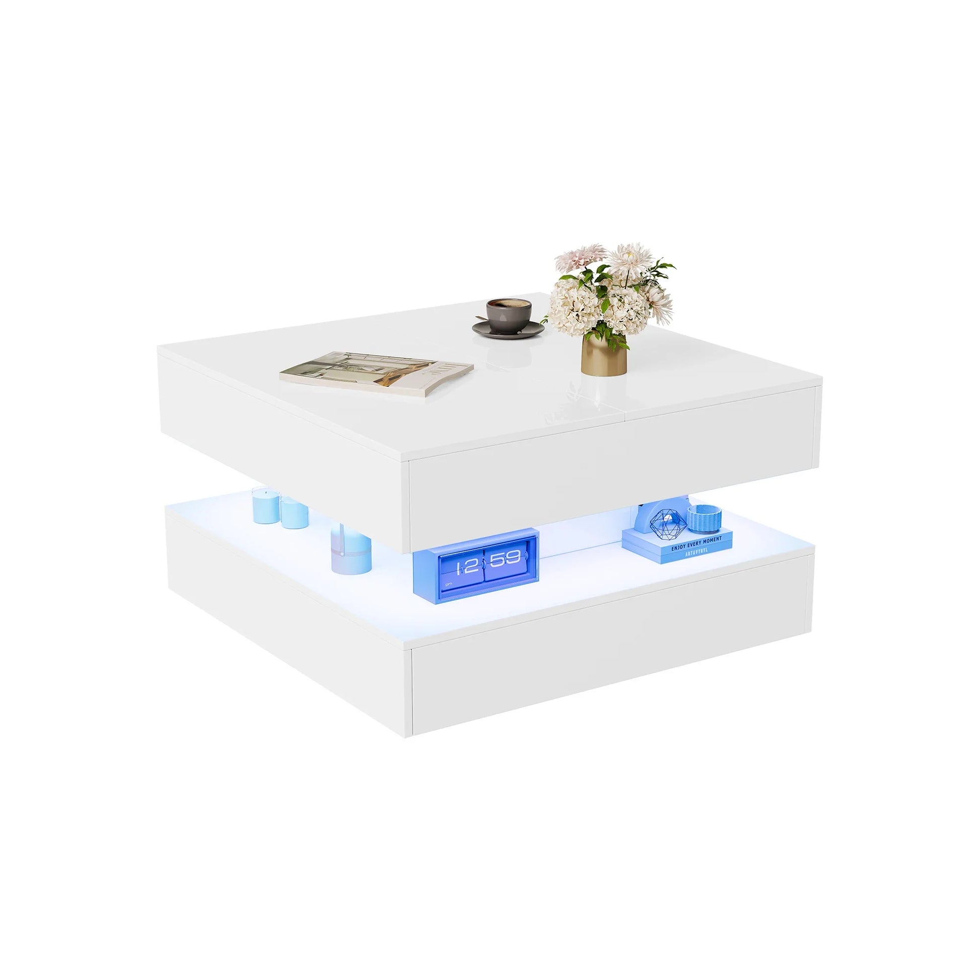 Table basse blanche et en bois multifonctionnelle avec LED RGB et tiroirs à ouverture tactile
