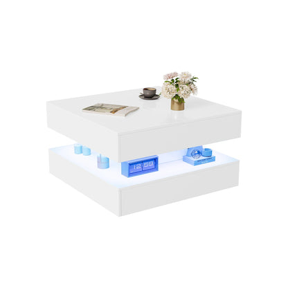 Table basse blanche et en bois multifonctionnelle avec LED RGB et tiroirs à ouverture tactile