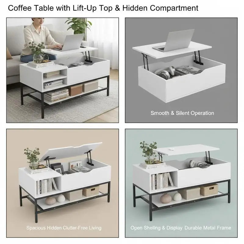 Table basse blanche et en bois avec plateau levant et compartiment caché