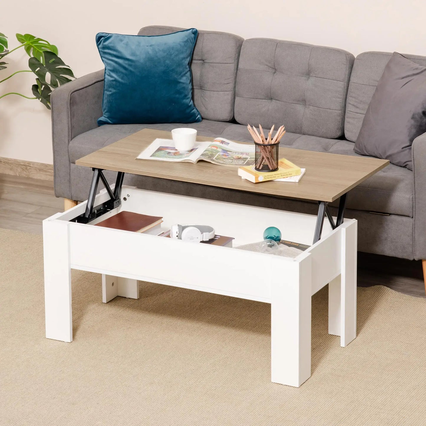 Table basse blanche et en bois réglable en hauteur avec compartiment caché 100x50x45-58.5 cm