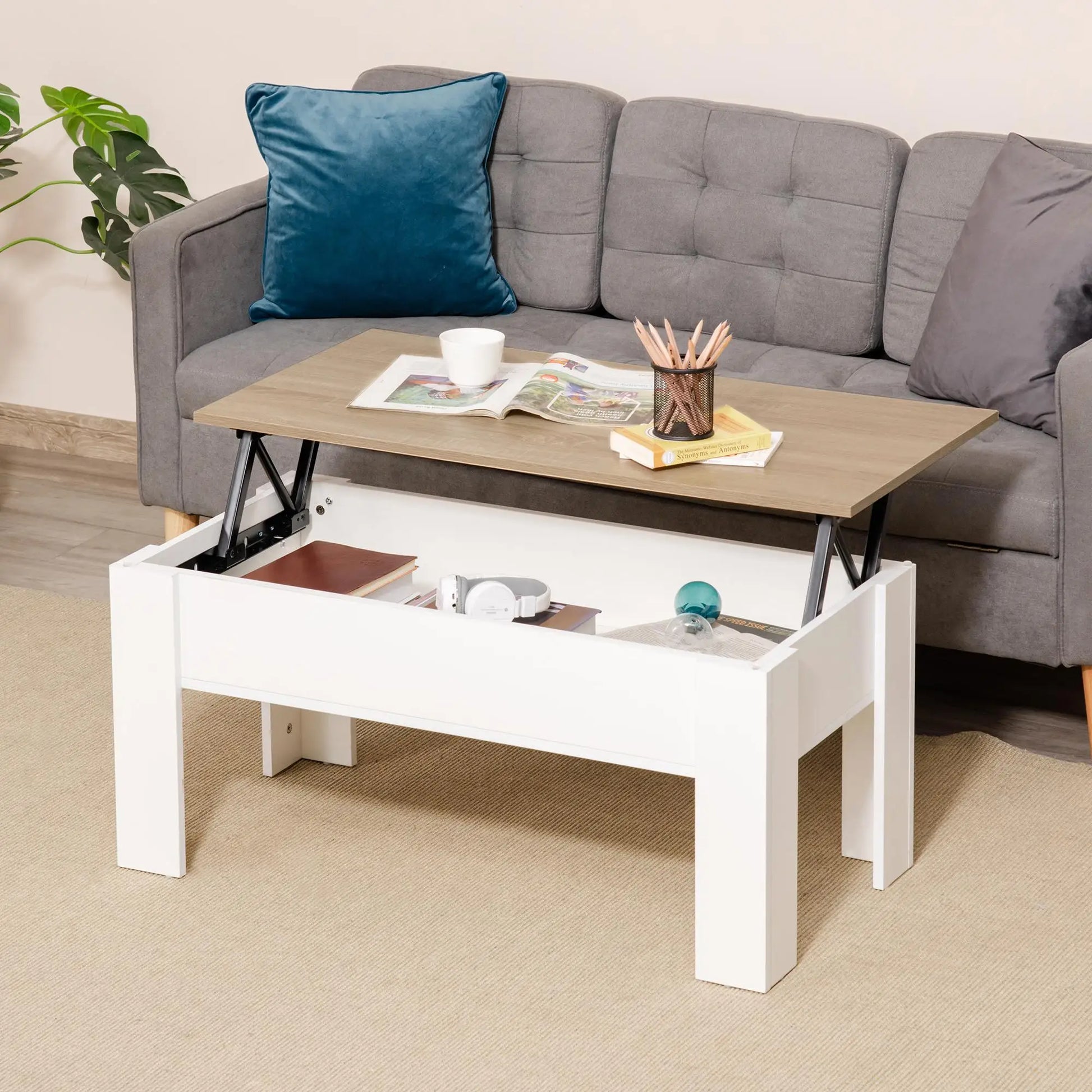 Table basse blanche et en bois réglable en hauteur avec compartiment caché 100x50x45-58.5 cm