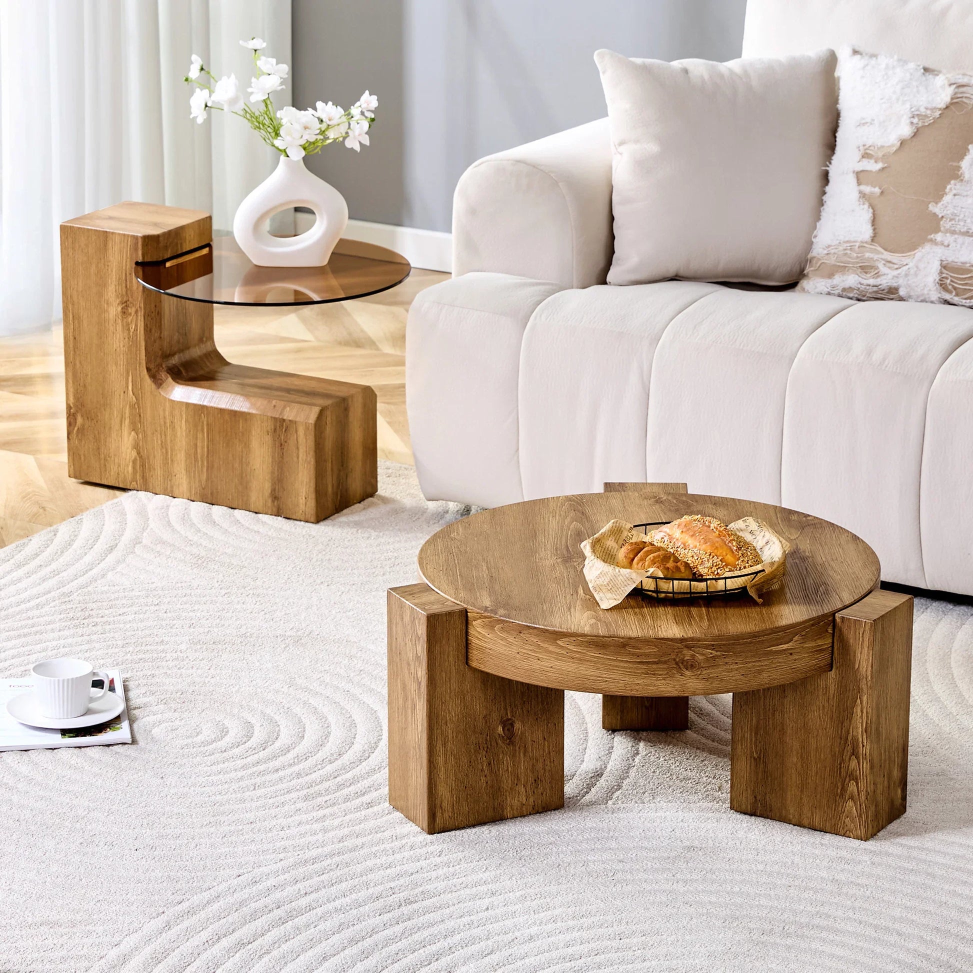 Table basse ronde en bois MDF et verre trempé teinté brun gigogne 2 pièces