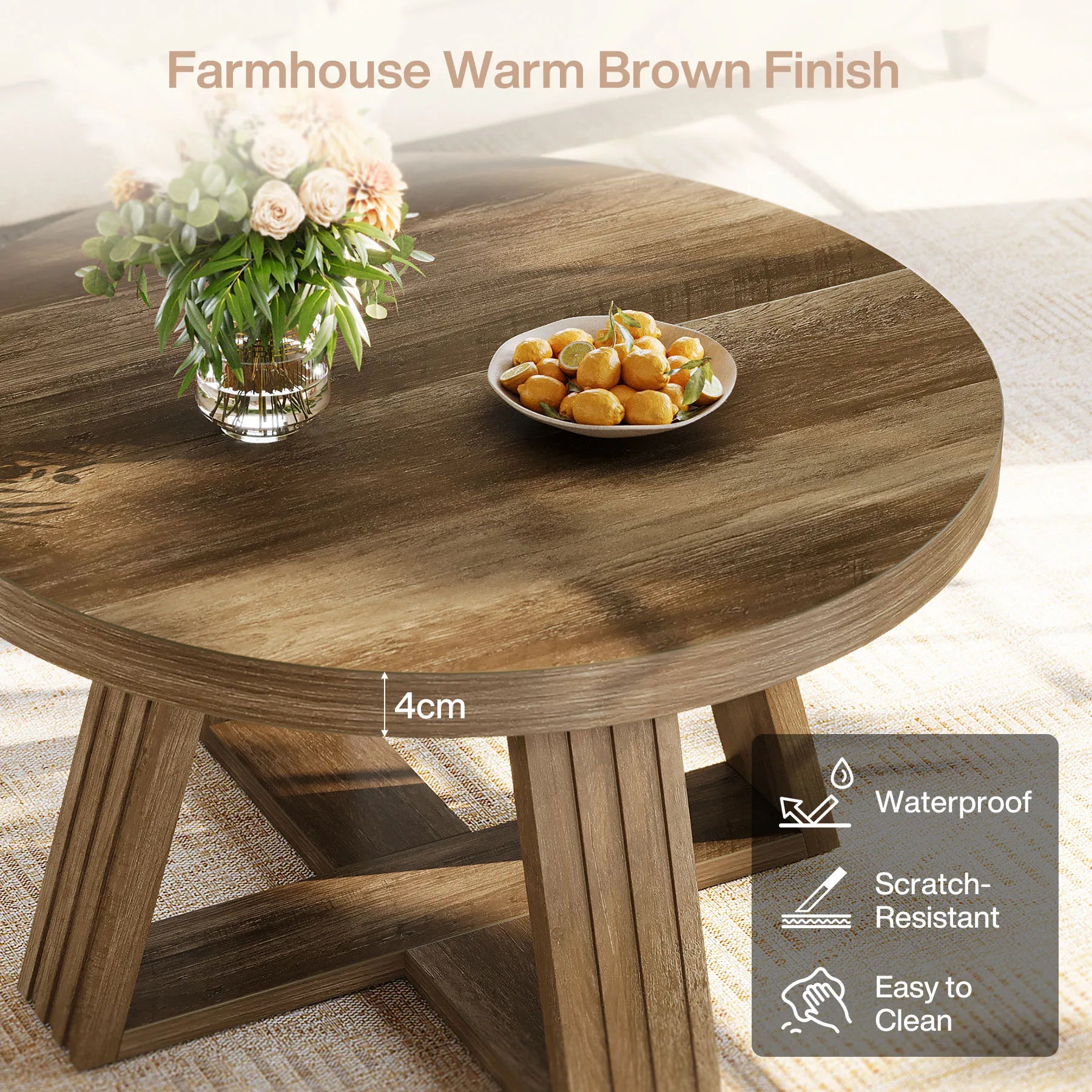 Table basse ronde en bois 80 cm avec plateau massif et piétement croisé